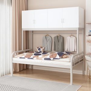 Space Saving Loft <b>Bed</b> with Wooden Storage Cabinet Sturdy Metal <b>Single</b> <b>Bed</b> Frame with Clothes Hanger Rod for Dormitory - Product Image 5