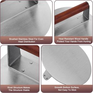 Presse à hamburgers antiadhésive en acier inoxydable avec manche en bois pour accessoires de grillades extérieurs - Product Image 2