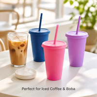 Gobelet réutilisable en plastique PP de qualité alimentaire sans BPA de 16 oz, couleur unie mate, bouteille d'eau portable de 500 ml avec couvercle et paille