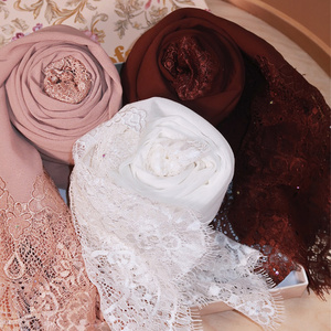 OEM ODM Hijab classique en mousseline de prière, plusieurs couleurs, uni, bordure en dentelle, châle long à une face, foulards et châles traditionnels - Product Image 4