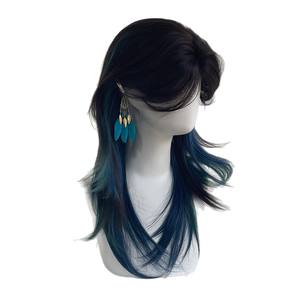 วิกผมยาวตรงสีฟ้าอ่อนแบบมีหน้าม้าปัดข้าง ไฮไลท์สีเขียวอมฟ้า แนวผมธรรมชาติ  ฐานลูกไม้โปร่งใส  แบบเต็มศีรษะ - Product Image 1