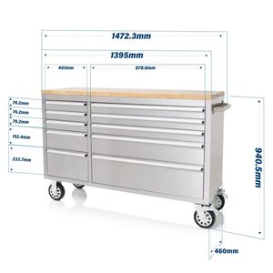 Armoire à outils roulante en acier inoxydable robuste de 56 pouces, plan de travail avec 10 tiroirs, dessus en bois, <span class=keywords><strong>coffre</strong></span> à outils <span class=keywords><strong>Craftsman</strong></span>, OEM/ODM/OBM - Product Image 3