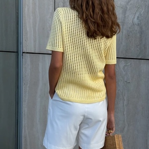 T-shirt d'été à manches courtes en maille ajourée de couleur unie pour femme – Tendance - Product Image 5