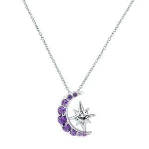 Хорошее качество ювелирные изделия Модные 925 стерлингового серебра фиолетовый циркон CZ полумесяц Луны и звезды ожерелье