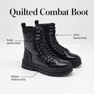 Botas de combate acolchadas para mujer con logotipo OEM personalizado, caña acolchada, ganchos de anilla en D plateados, <span class=keywords><strong>plataforma</strong></span> gruesa con suela de tacos, botas de media pantorrilla con cordones - Product Image 3