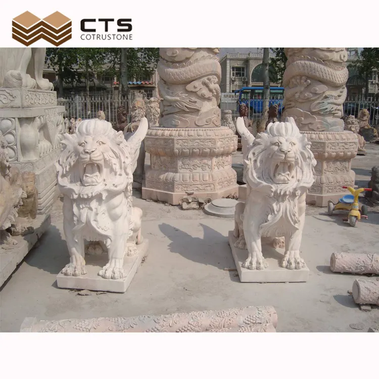 Sculpture en pierre blanche artisanale avec personnage, Statue d'animaux, Lion, éléphant, Royal, grande taille