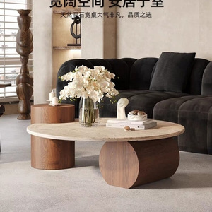Wabi Sabi Style <b>Round</b> Natural Travertine Coffee <b>Table</b> Black <b>Walnut</b> Marble Top For Living Room Home Use - Product Image 3