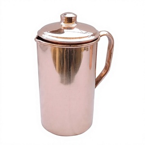 Tasse à thé en cuivre pur poli, faite à la main, avec couvercle et poignée, tasse de bureau en métal droite pour boissons chaudes, ensemble de carafes écologiques - Product Image 1