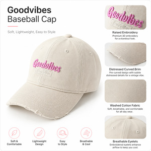 Gorra de papá de sarga de 6 paneles, estilo vintage, lavada y desgastada, color pastel macaron, con bordado de letras 3D <span class=keywords><strong>Goodvibes</strong></span> y visera deshilachada, ajustable - Product Image 6