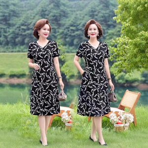 Summer Dress For Mothers Middle Aged Women V Neck Short Sleeve Midi Length Printing Breathable Daily Wear Casual Dress - Product Image 1