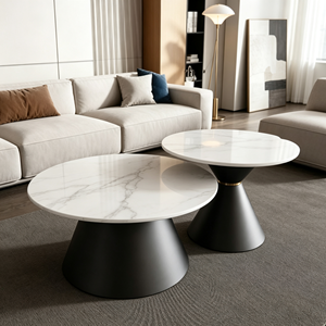 Ensemble de tables basses gigognes rondes minimalistes noires avec plateau en marbre et piédestal conique, style luxe léger, pour salon et hôtel - Product Image 6