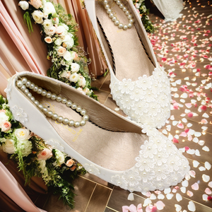 Women <b>Summer</b> 8cm and 5cm High <b>Heel</b> White Pearl Slip-On Bridal Princess Wedding Party <b>Wedges</b> Shoes - Product Image 2