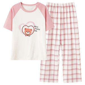 Nuovo Design <span class=keywords><strong>estivo</strong></span> da <span class=keywords><strong>donna</strong></span> abbigliamento per la casa a maniche corte 2 pezzi Set di <span class=keywords><strong>pigiama</strong></span> e pantaloni in <span class=keywords><strong>cotone</strong></span> morbido e comodo - Product Image 5