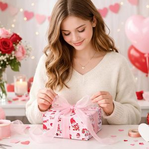 Valentines Wrapping <b>Paper</b> Pink Reversible Gnome Love Design 17 Inch X 33 Feet Gift Wrap For Valentine's Day - Product Image 6