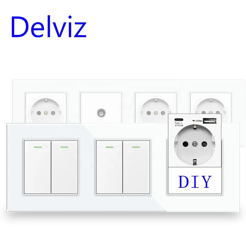 Delviz Trắng Glass bảng điều chỉnh, USB C nhanh chóng sạc Outlet, điện cắm đôi EU ổ cắm, DIY tường chuyển đổi ánh sáng Schuko tường ổ cắm