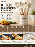 Set Peralatan Dapur Silikon Waldo 8 Buah dengan Wadah Penyimpanan, Gagang Kayu Anti-Selip, Aman untuk Mesin Cuci Piring, untuk Rumah, Restoran, dan Memanggang