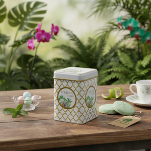 Boîte Métallique Carrée 0.5L 75x75x102mm Couvercle Glissant Recyclable Jungle Tropicale Design-un Paradis Luxueux pour Nature Menthe Biscuit Candy - Product Image 3