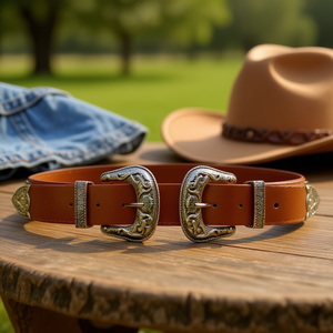 Cintura in Vera Pelle 3.5x100cm con Doppia Fibbia Stile Western Accessorio Moda Donna - Product Image 2