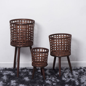 Handmade Woven Flower Pots Nordic Style Circular Floor Standing Indoor Wooden Planters Breathable Light Transmitting - Product Image 3