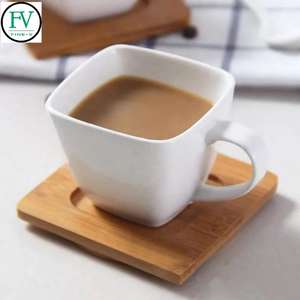 Portabicchieri in bambù <span class=keywords><strong>e</strong></span> set di tazze da <span class=keywords><strong>caffè</strong></span> <span class=keywords><strong>e</strong></span> <span class=keywords><strong>piattini</strong></span> in ceramica tazze quadrate in pura porcellana bianca - Product Image 3