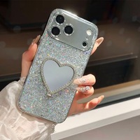 Coque de téléphone portable pour iPhone 17 Pro Max avec miroir cœur, paillettes, strass et support anneau, design créatif personnalisé, compatible iPhone 16