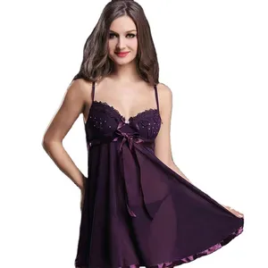 High Quality Lace transparent Nightgowns women's sexy bowknot lingerie mesh V-neck strap sexy Pajamas