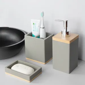 Bathroom Decor Gray Sandstone With Wood Grain Polyresin Bathroom Set Accessories