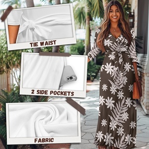Robes maxi à imprimé floral pour femmes, motif hawaïen marron, été, avec poches, décontractées, manches <span class=keywords><strong>3</strong></span>/<span class=keywords><strong>4</strong></span>, col en V, ceinture à nouer, <span class=keywords><strong>robe</strong></span> <span class=keywords><strong>longue</strong></span> - Product Image 5