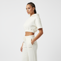 Ensemble 2 pièces pour femme : Sweat à capuche court à manches courtes et pantalon de survêtement en molleton crème, coupe droite, vente en gros