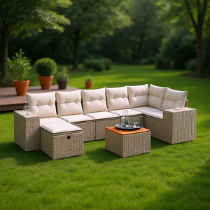 Ensemble de canapés modulaires de jardin en rotin PE beige, meubles d'extérieur confortables avec coussins en mousse haute densité - Product Image 2