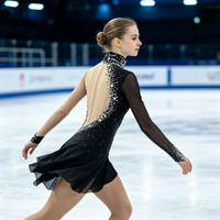Robe de patinage artistique noire asymétrique à manches longues transparentes avec strass pour enfants et adultes, pour compétitions et spectacles sur glace