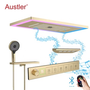 Moderno Grifo de Ducha Termostático de Latón para Baño con Cabezal de Ducha LED de 25x13 pulgadas con Efecto Lluvia y Cascada, Empotrable en Techo, Dorado - Product Image 1
