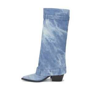 Denim Metallic Lock Shark <strong>Boots</strong> Cowgirls Chunky Heels square Toe Western <strong>Boots</strong> <strong>Cowboy</strong> <strong>Boots</strong> for <strong>Women</strong> - Product Image 2