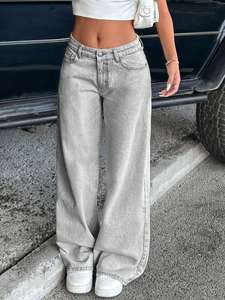 <span class=keywords><strong>Jean</strong></span> <span class=keywords><strong>droit</strong></span> <span class=keywords><strong>gris</strong></span> <span class=keywords><strong>clair</strong></span> délavé en denim respirant, taille mi-haute, coupe classique, style rétro américain pour <span class=keywords><strong>femme</strong></span> - Product Image 5