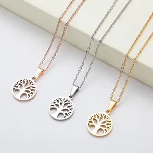 Elegant Gold Plating Hollow Tree of Life Shape Necklace Three Colors Stainless Steel Tree Pendant Necklace