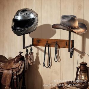 Wooden Helmet And Hat Rack <b>Wall</b> <b>Mounted</b> Iron Wood Combination Storage Organizer For Motorcycle Cowboy Hat Home Decor <b>Shelf</b> - Product Image 1