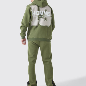 Men's Olive Green Hooded Sweatshirt Set With Front Print Pocket Regular Fit Casual Autumn Wear - Product Image 5