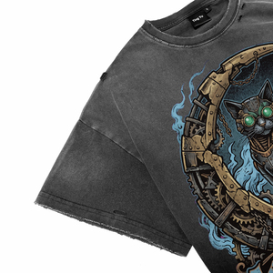 Camisetas Casuales Extra Grandes para Hombre, Color Negro, Lavado Ácido, Estilo Desgastado, Estampado de Gato Steampunk, Camisetas de Manga Corta de Algodón Transpirable de Alta Calidad - Product Image 5