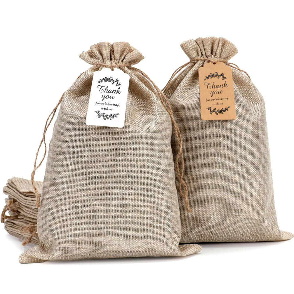 10 bolsas de tela + 10 Gracias etiquetas + 10m cuerda de cáñamo