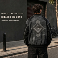 Blouson de travail noir vieilli à motif diamant gaufré haute fréquence, ourlet irrégulier, poches utilitaires, style streetwear, vente en gros OEM