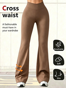 High Waist Flared Leg Yoga <b>Leggings</b> Full Length Solid Color Stretchy Fabric Seamless Design <b>Brown</b> - Product Image 6
