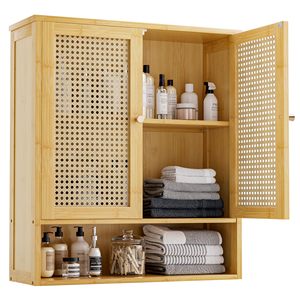 Armoire murale de salle de bains en <span class=keywords><strong>bambou</strong></span>, organisateur de rangement en <span class=keywords><strong>bambou</strong></span> au-dessus des toilettes avec 2 portes en <span class=keywords><strong>rotin</strong></span>, étagère réglable en bois - Product Image 1