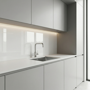Mobile da <span class=keywords><strong>Cucina</strong></span> Minimalista HG con Ante a Battente Sottili, Finitura in Rovere Bianco Lucido e Vetrina Personalizzata - Product Image 1