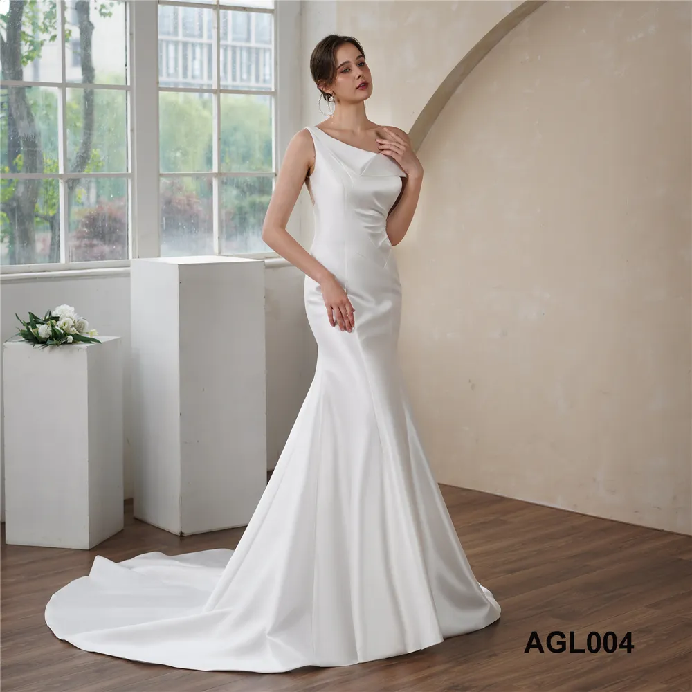 Sexy Asymmetric Design Elegant Women Evening Party Satin Mermaid Bridal wedding gowns for slim brides