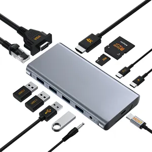 13合1 USB C型集线器坞站RJ45以太网适配器千兆字节3.5mmaudio USB3.0 USB-C HDMII 4K 60hz VGA扩展C型