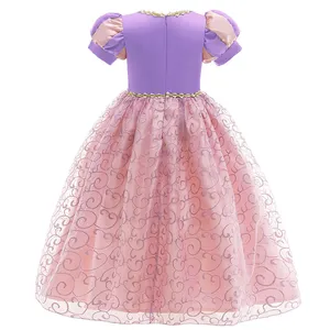 100% Polyester Pink Princess Dress Puff Sleeve Square Neck Evening Party Gold Lace Trim Zipper Back Puffy Dress For Baby Girls