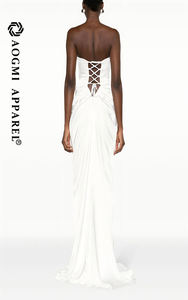 Alta costura moda señoras elegante fuera del hombro con cordones plisado Slim Empire vestido Bodycon 100% seda Floral vestido antiarrugas - Product Image 5