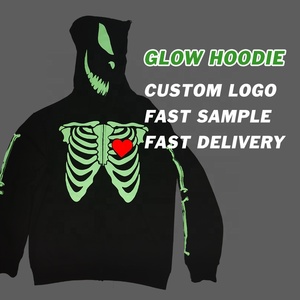 Logo personalizzato Y2k Glow in the Dark Pullover oversize in pile di cotone nero foderato di seta Full Zip up felpe con cappuccio taglie forti da uomo - Product Image 2