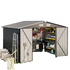 Cobertizo de almacenamiento de metal para exteriores de 8*10 pies, almacenamiento de cobertizo de herramientas de utilidad de acero con puertas bloqueables, negro