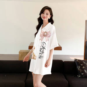 Yaoting nouveau été Satin chemise de nuit pour les femmes à manches courtes col rabattu taille élastique dessin animé motif Homewear ensemble SQ3197 - Product Image 3